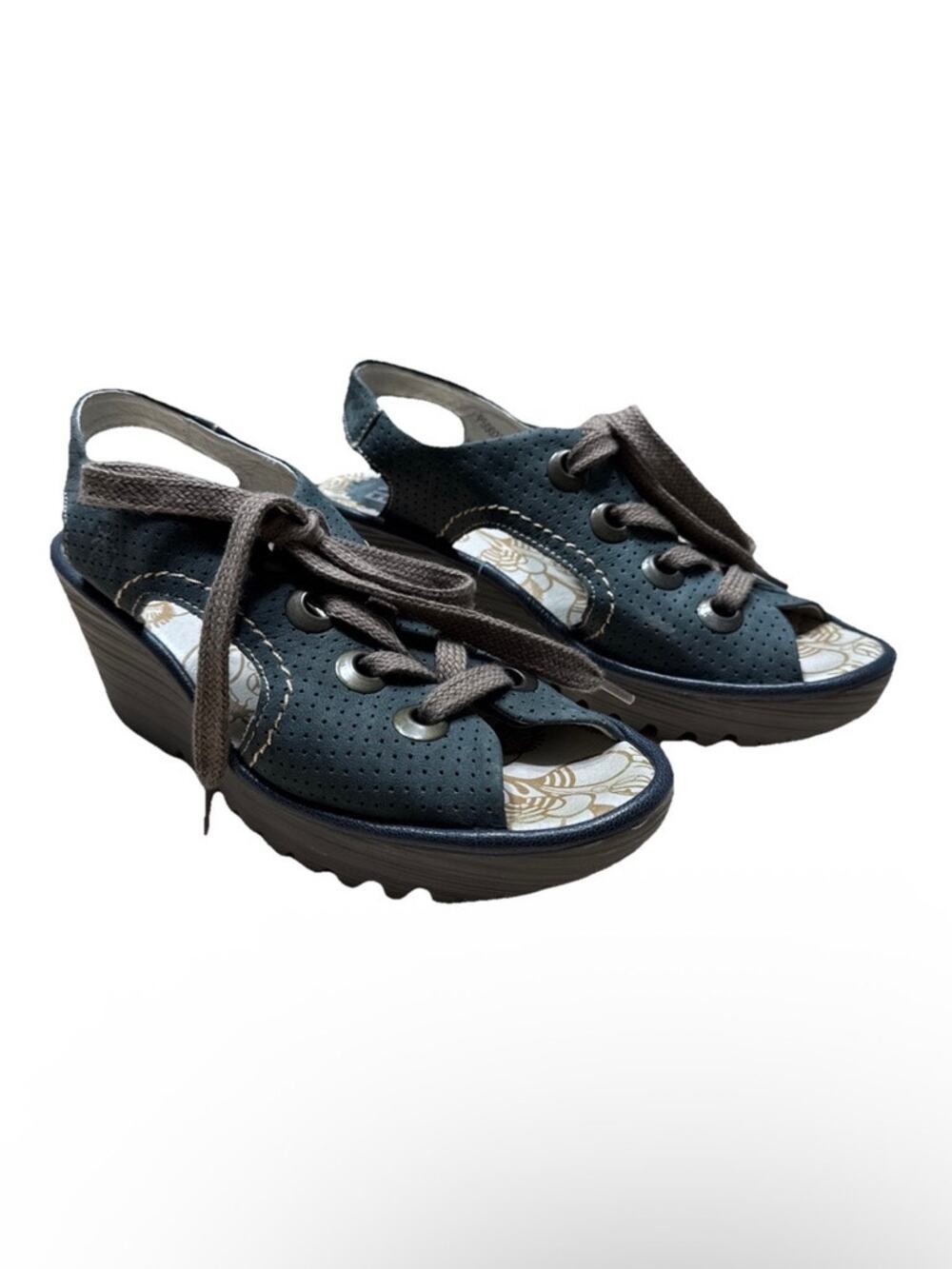 FLY London Ylva Perforated Lace Up Wedge Sandals Shoes EU39 US 8-8.5 Indigo